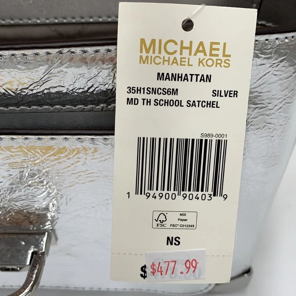 MICHAEL KORS MANHATTAN MEDIUM TOP HANDLE SCHOOL SATCHEL CROSSBODY BAG SILVER